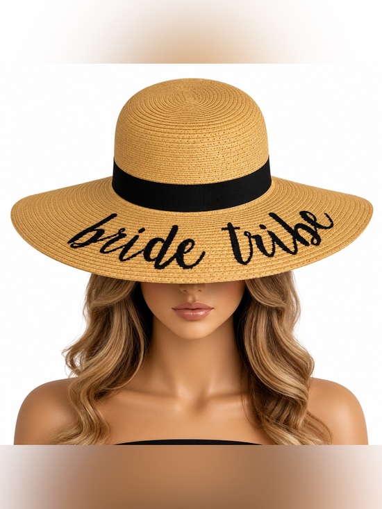 The Unbranded Brand Accessories - Bride Tribe Wide Brim Straw Sun Hat One Size Tan Black Ribbon Beach Resort NWT
